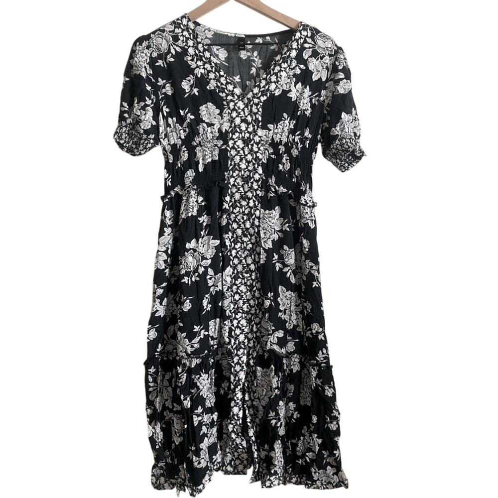 Red and Olive Black White Floral Print Midi Button Front VNeck Dress Medium